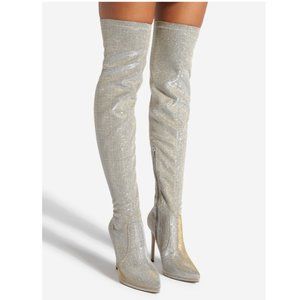 🆕 Sparkly Silver Over The Knee Heeled Boots Wide Calf 5.5